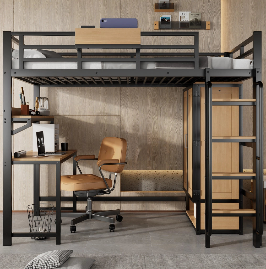 Letto a soppalco con armadio, scrivania e scaffale 90 x 200 cm