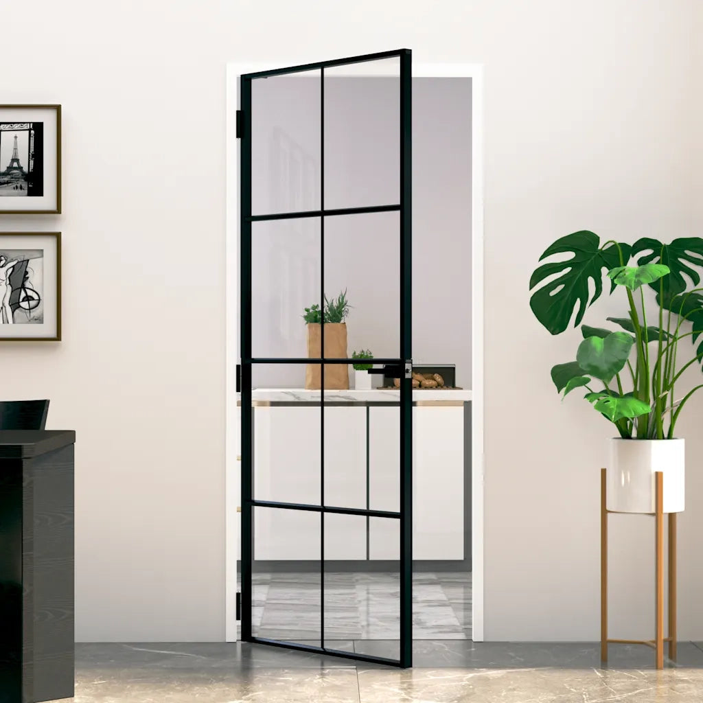 Porta Interna Nera 83x201,5cm Vetro Temperato Alluminio Sottile 153663
