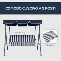 Dondolo da Giardino 3 Posti con Tetto Parasole, in Acciaio e Poliestere, 172x110x153 cm, Bianco e Blu