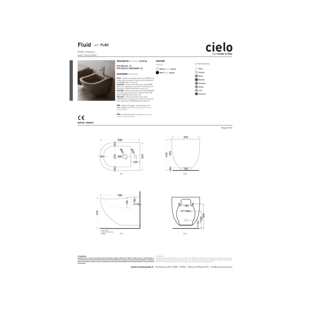Bidet Sospeso Ceramica Cielo "Fluid" Bianco Lucido