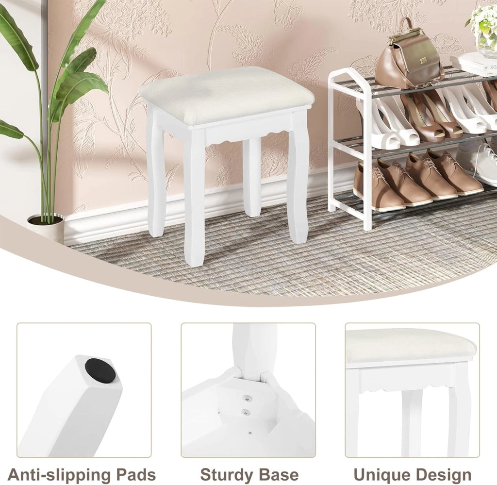 WOLTU Sgabello Bianco per Tavolo da Trucco, Sgabello in Legno Imbottito, Sedia da Make Up per Camera da Letto, Design Barocco， Rivestimento in Velluto, 37x28x44,5cm MB6095ws