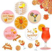 Accessori per Aperol Spritz, con 6 pezzi di base e 50 pezzi di decorazione a scintille con frasi divertenti, dimensioni 10x10cm.