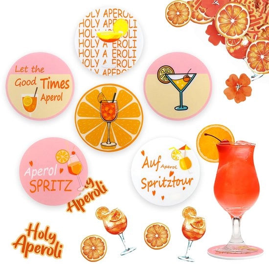 Accessori per Aperol Spritz, con 6 pezzi di base e 50 pezzi di decorazione a scintille con frasi divertenti, dimensioni 10x10cm.