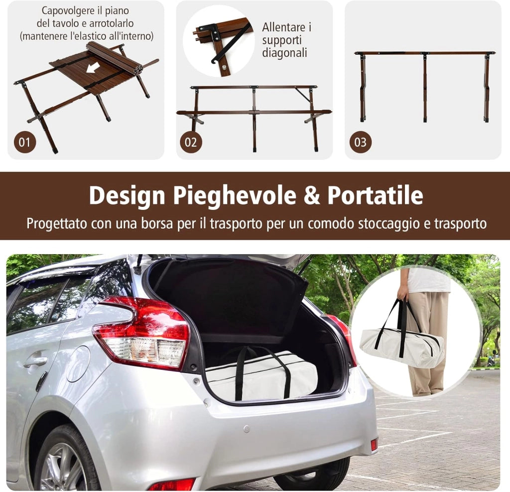 Tavolo da Campeggio Pieghevole di Bambù, Tavolo da Picnic Leggero con Borsa di Trasporto, Tavolo da Esterno per Campeggio, Trekking, Pesca e Barbecue, 122 x 60 x 43,5 cm (Marrone)