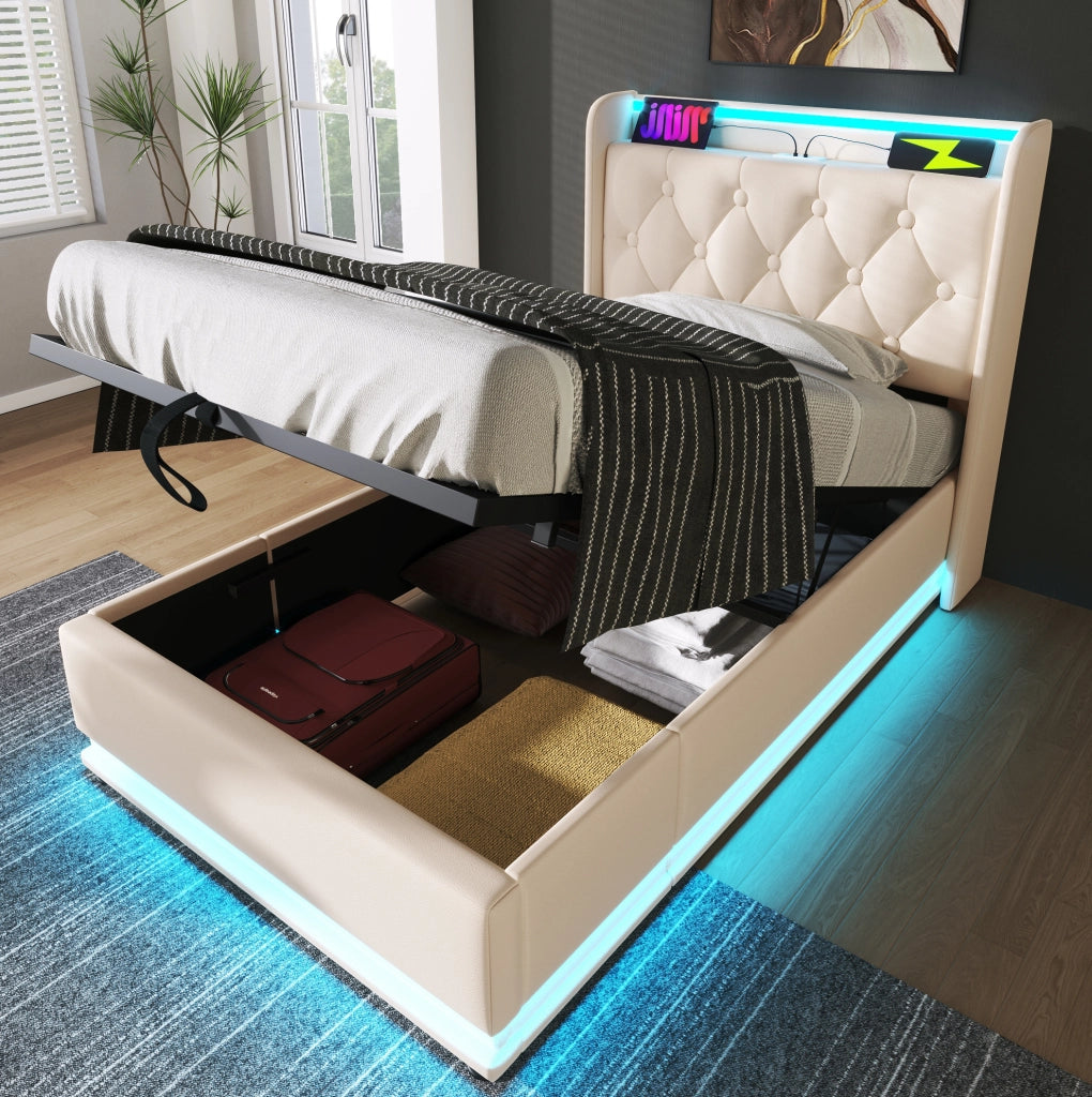 Letto singolo ULEVR 90x200 cm contenitore idraulico con LED 360¡ã, USB e Type-C, PU bianco