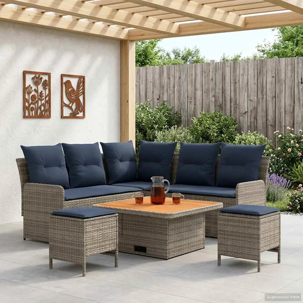 Set di Mobili con cuscino 6 pcs Grigio e Blu Navy Rattan in PE