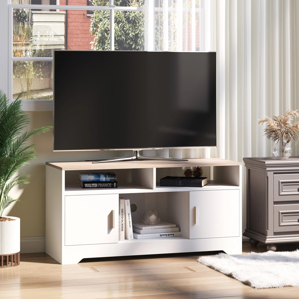 EasyComfort Mobile TV con 3 Scomparti Aperti, 2 Armadietti e Piano d'Appoggio, Mobile per TV fino a 50", in Truciolato, 105x40x52cm, Bianco e Legno