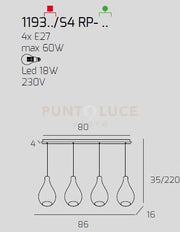 SOSP. BIANCO 4 LUCI RETTANGOLARE VETRI PICCOLI BRONZO 1193BI-S4 RP-BR