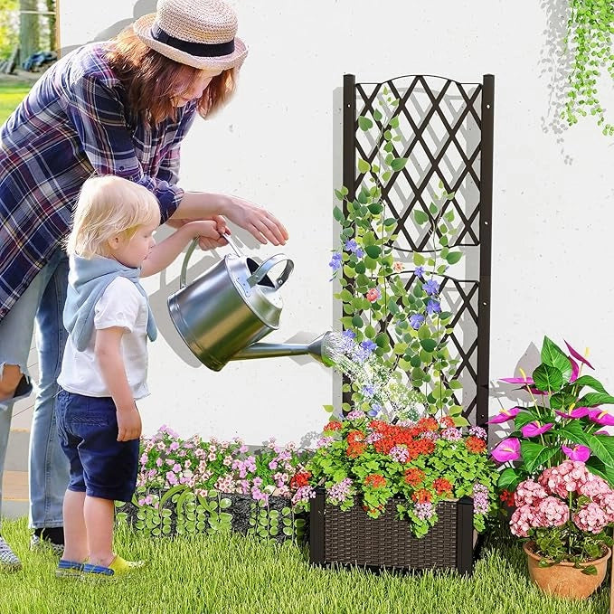 Fioriera con Spalliera da Esterno in PE, Vaso Rettangolare da Giardino con Auto-Irrigante e Fori di Drenaggio, Fioriera con Grigliato per Rampicanti da Balcone (Marrone, 40 x 40 x 122 cm)
