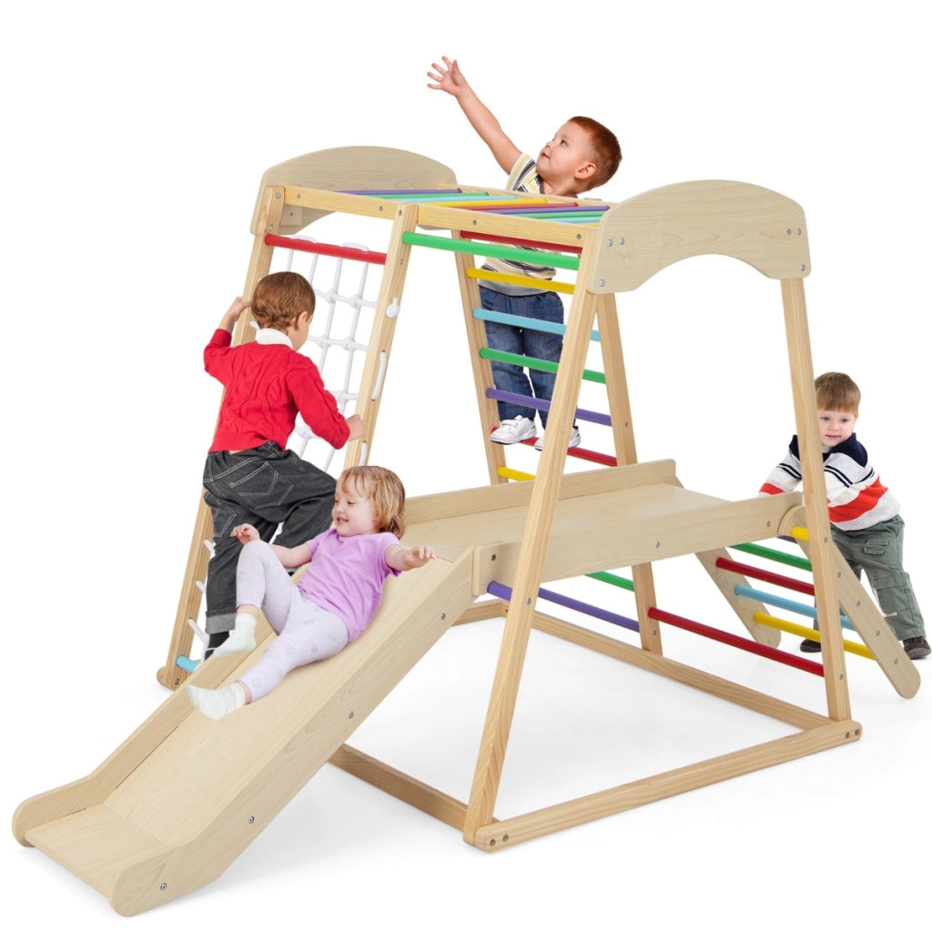 Parco giochi 6-in-1 per bambini 1+ anni con barre di scimmia scivolo corda e scale in legno, Palestra in legno Colorato-Arrampicate e scivoli