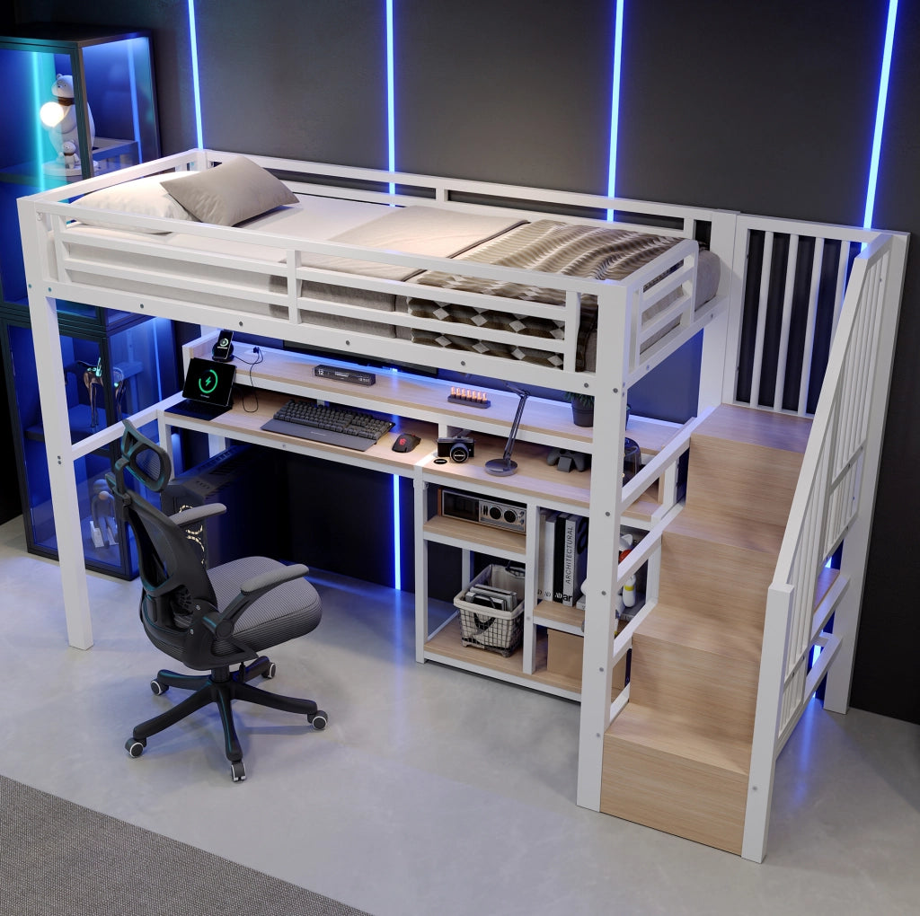 Letto a soppalco 90x200 cm in metallo e MDF con scala; ripiani; LED e USB; bianco