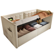 Letto contenitore singolo 90×200 cm con USB e Type-C; tasche laterali e schienale imbottito; senza materasso; beige