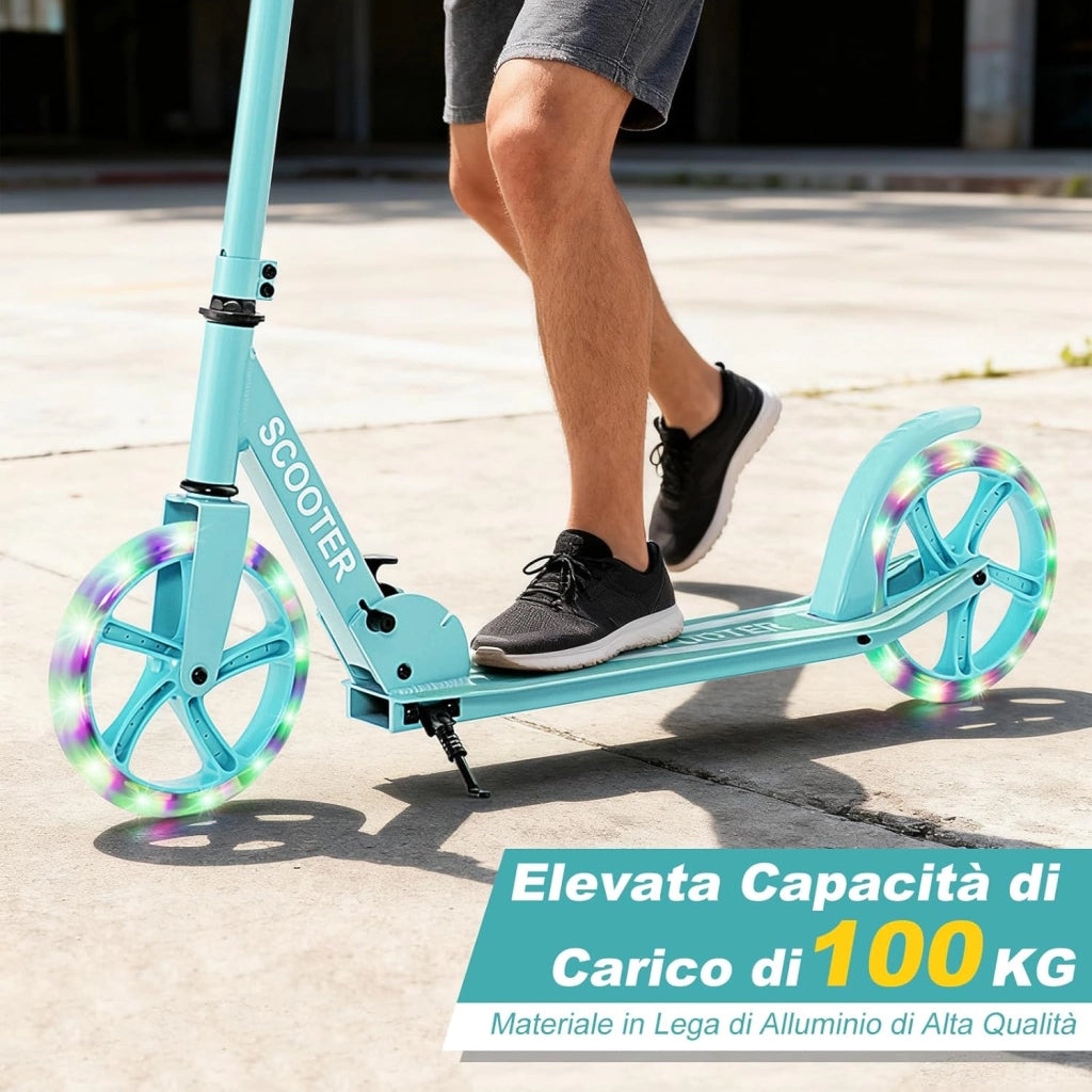 Monopattino Pieghevole con Altezza Regolabile, 2 Ruote Luminose con Freno, Manubrio Regolabile, Pedana Antiscivolo, Tracolla e Cavalletto, Scooter Portata 100kg, 10+ Anni