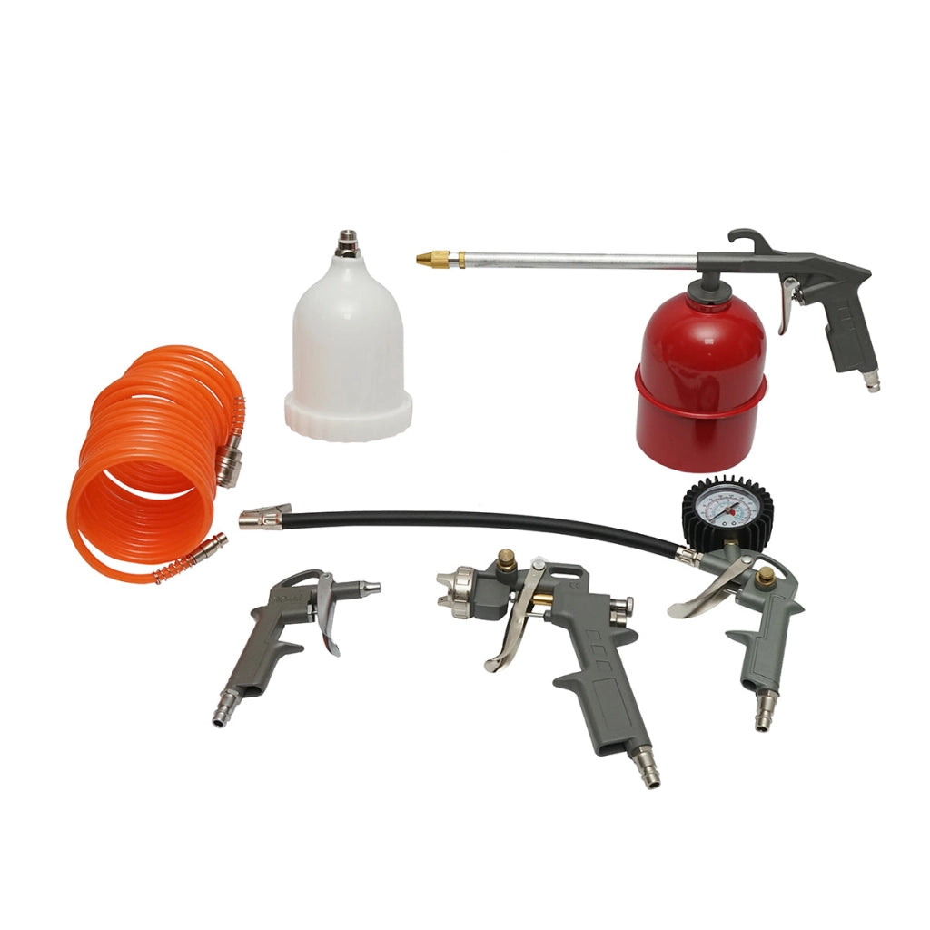 Set di 5 pezzi ad aria compressa con tubo a spirale da 5 m, ideale per lavaggio, verniciatura, gonfiaggio e soffiaggio. Breckner Germany