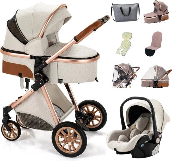 Buggy 2 in 1 per Bambini - Carrello da Camminata - Sedile per Auto - Inclinabile - Crema - 0-36 Mesi