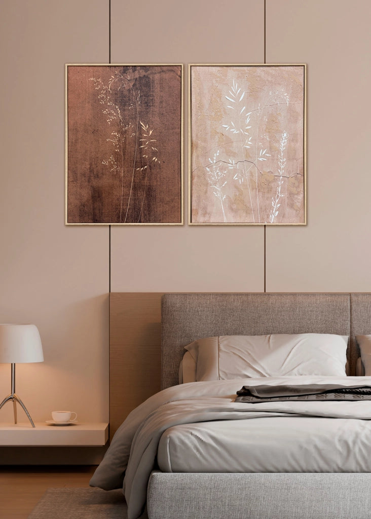 Dittico di tele incorniciate Hispanohogar stampa e pittura marrone e rosa 72x52