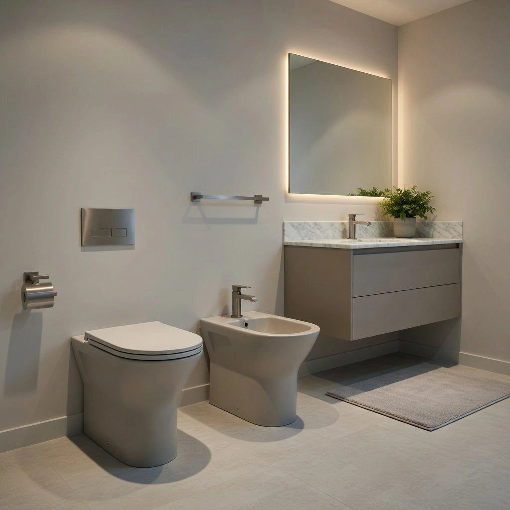 Sanitari filomuro FEELING Rak Ceramics: WC, bidet, copriwater soft-close Grigio Opaco