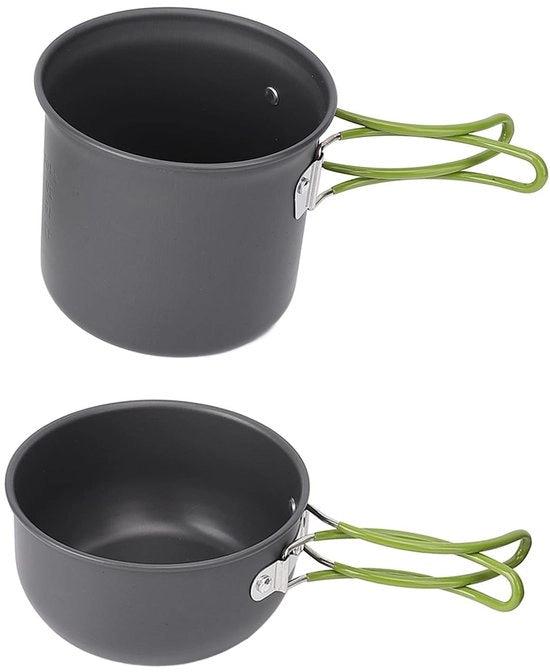 Impianto Cottura Sostenibile in Alluminio - Set da Campeggio - Accessori Cucina - Borsa Portatile - 2 Pentole - Cucchiaio/Fork - Maniglia Verde - Attrezzatura da Campeggio