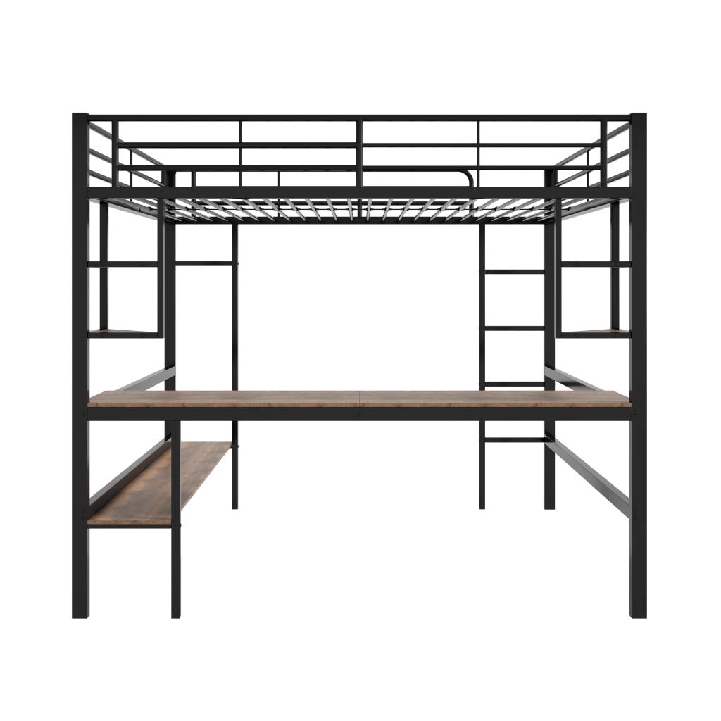 Letto a Soppalco; Letto Matrimoniale con Scrivania; 4 Ripiani e Libreria; 140×200 cm; senza Materasso