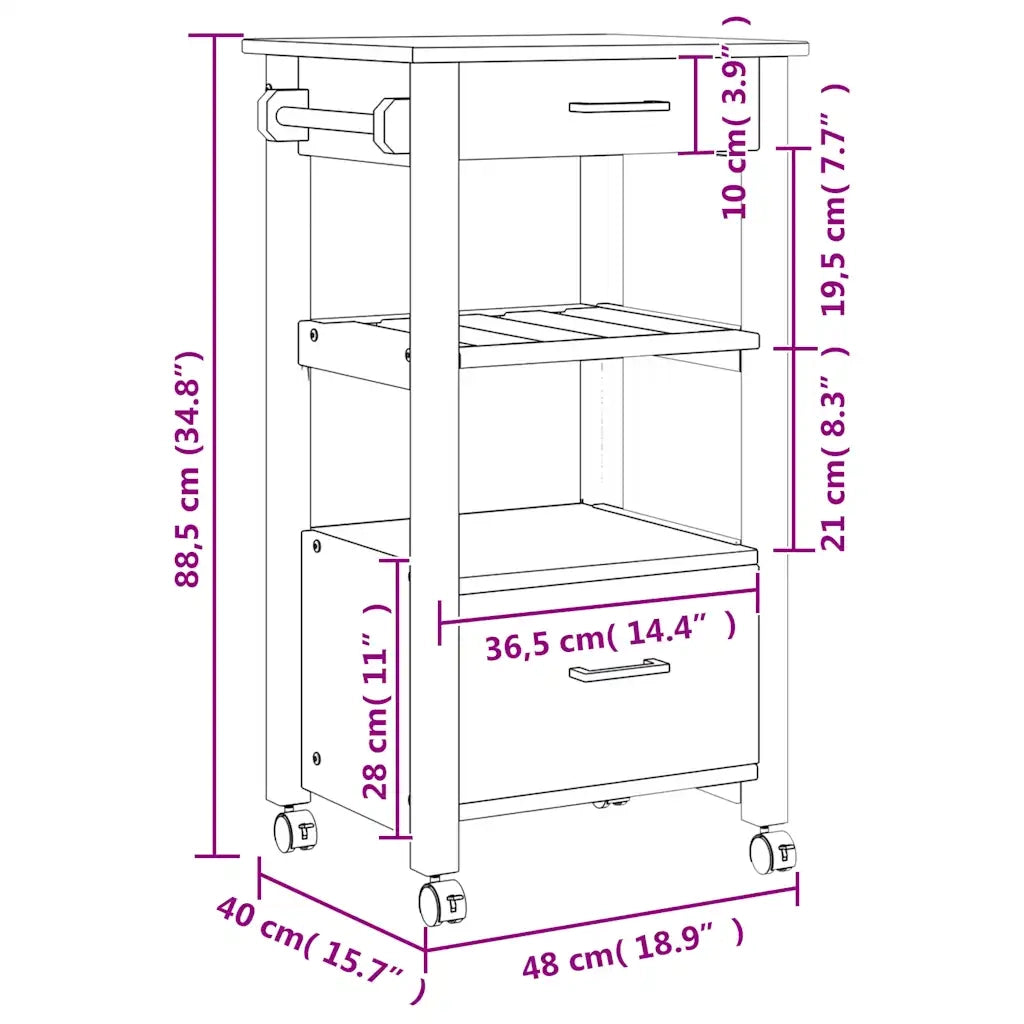 Carrello da Cucina MONZA 48x40x88,5 cm in Legno Massello di Pino 376083