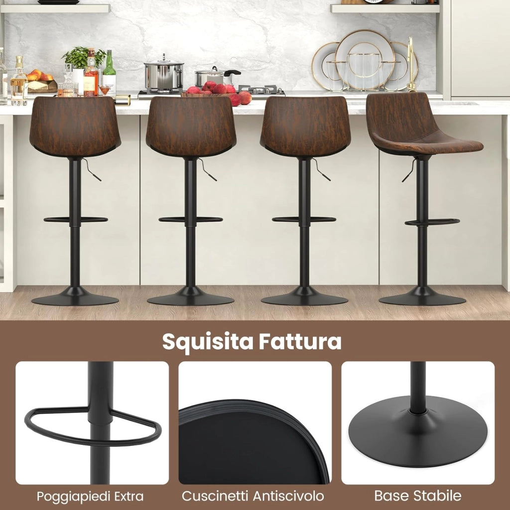 Set di 2 Sgabelli da Bar Moderno, Regolabile e Girevole a 360°, Sgabelli da Cucina con Schienale e Poggiapiedi, Sgabello Struttura in Metallo Stile Vintage da Casa, Marrone Rustico
