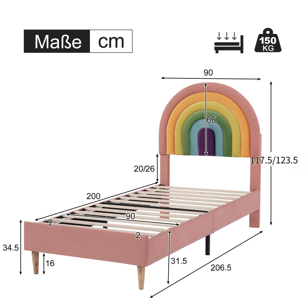 Letto imbottito 90x200 cm in velluto rosa con testiera regolabile e rete a doghe