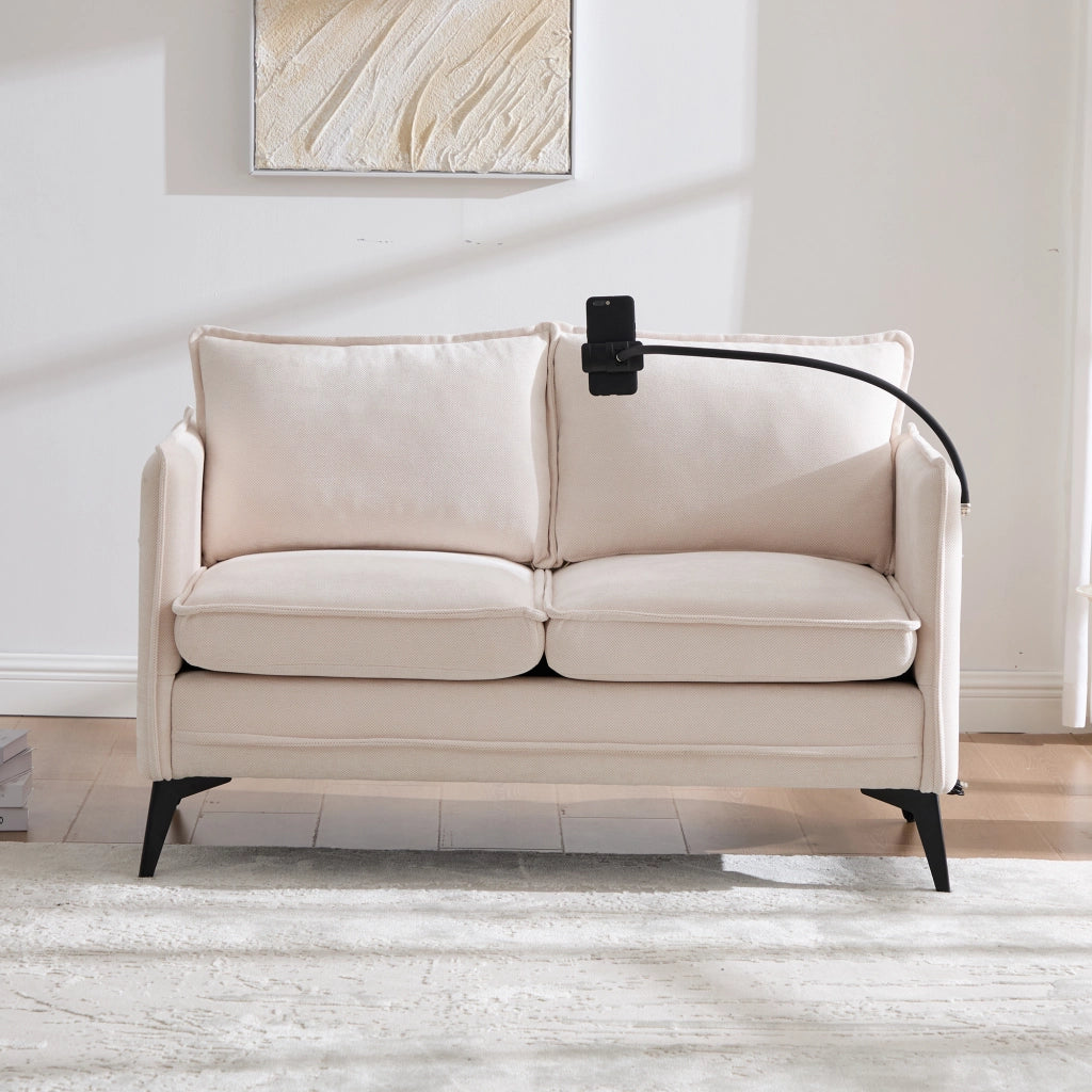OKWISH Divano Lineare 2 Posti con Supporto Regolabile per Telefono e Tasche Laterali, Ciniglia Beige, 127 × 69 × 66 cm