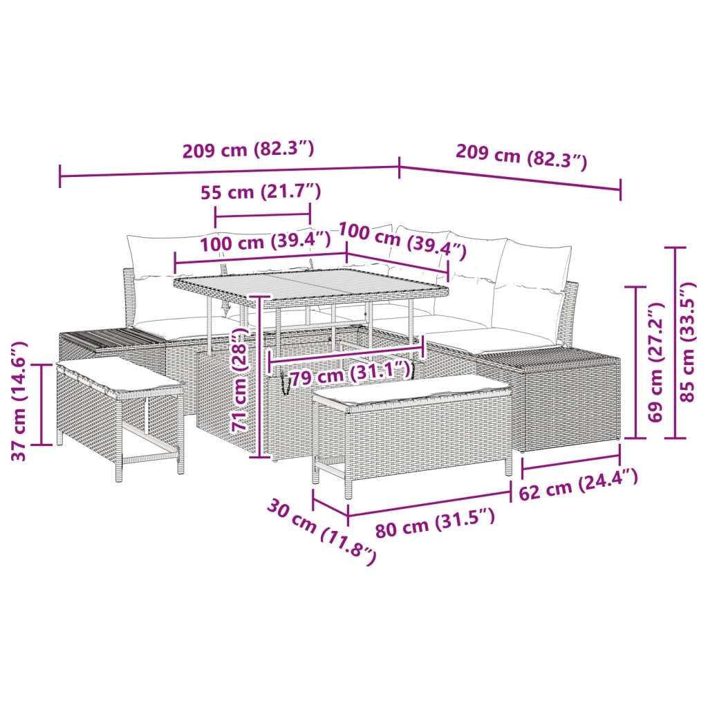 Set divani da giardino 8 pezzi con cuscini neri polyrattan acacia