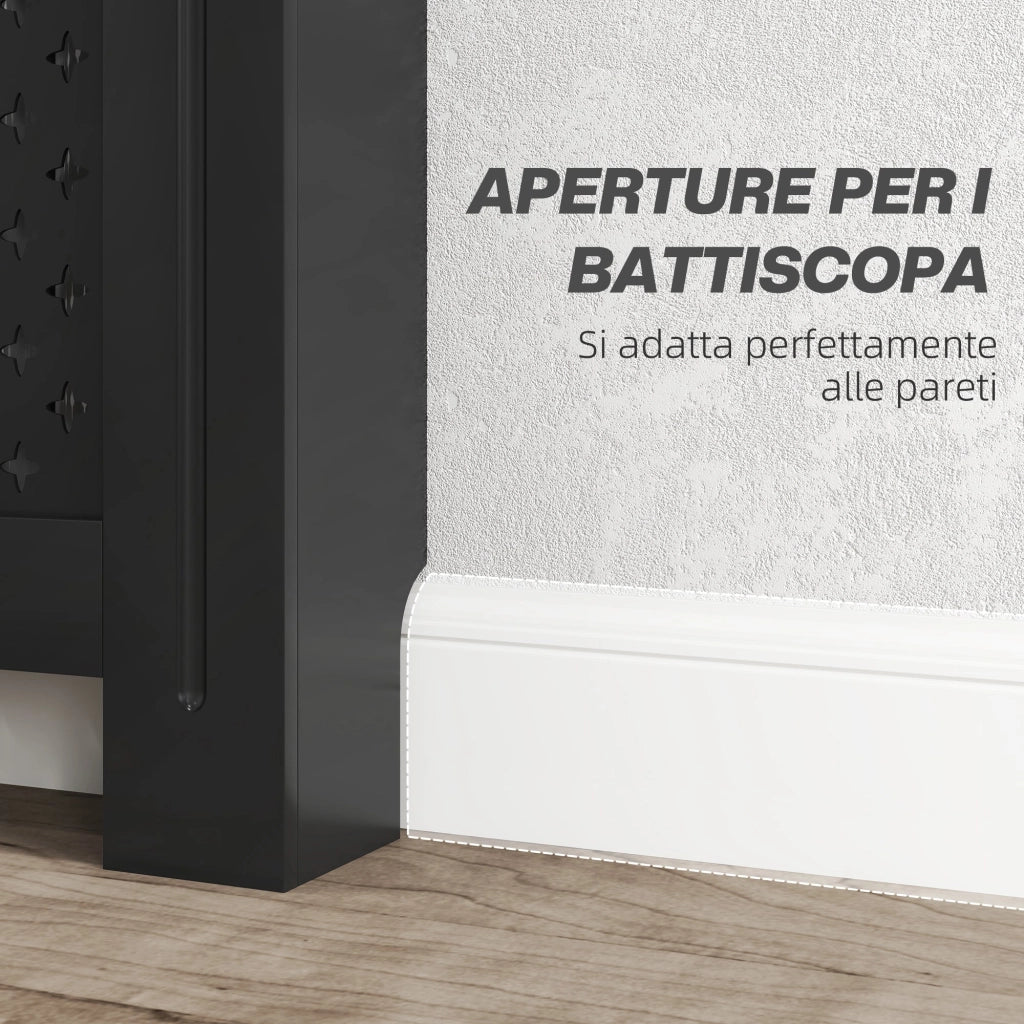 Copritermosifone Traforato a Croce con Ripiano e Fissaggio a Muro 152x19x82 cm in Legno MDF Nero