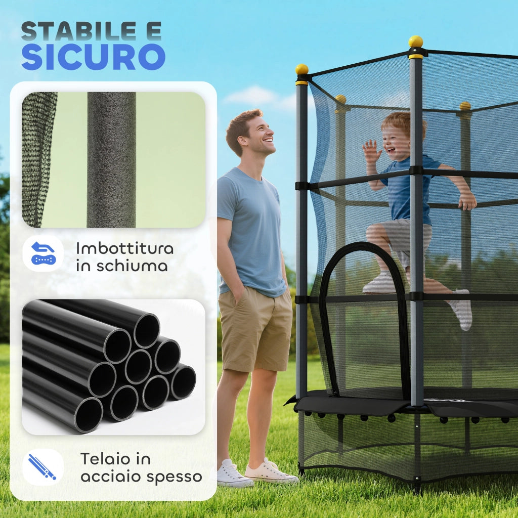 Tappeto Elastico per Bambini con Rete di Sicurezza e Pali Imbottiti Et¨¤ 3-10 Anni, ?140 x 190 cm, Nero