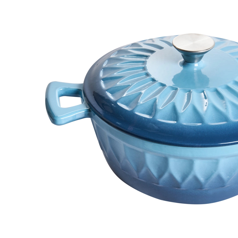 Casseruola in ghisa smaltata blu con coperchio e manico in acciaio inossidabile adatta al forno e compatibile con tutti i tipi di piano cottura