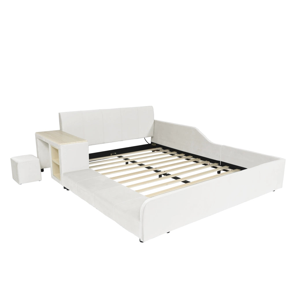 Letto Combinato 140 x 200 cm - Scrivania; Sgabello e Mensola - in Velluto - Bianco