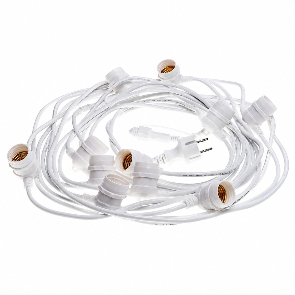 Catena luminosa catenaria 10 metri con 10 portalampade E27 IP54 cavo 2x1 mm² connettori IP65 prolungabile per esterno giardino