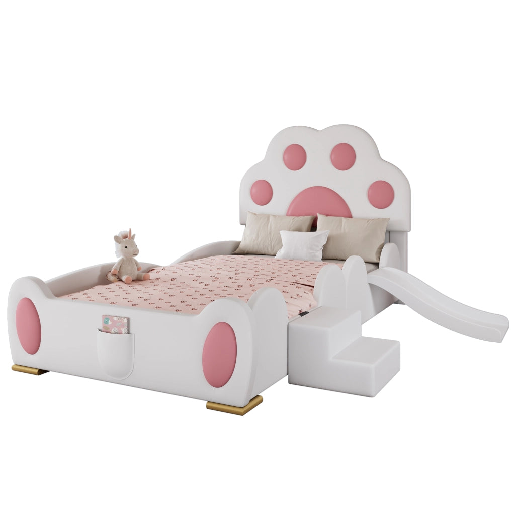Letto imbottito per bambini 210x176x97 cm con scivolo; in PU; bianco e rosa
