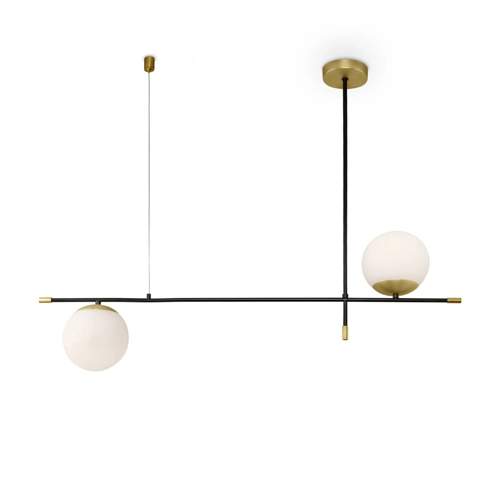 Lampadario Contemporanea Nostalgia Metallo Oro Opaco 2 Luci Diffusori Bianchi
