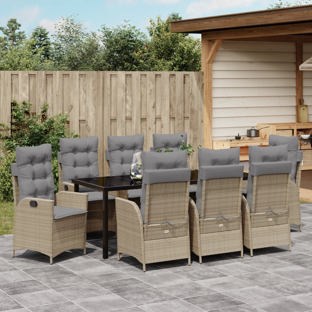 Set da Pranzo da Giardino 9 Pezzi con Cuscini Beige Polyrattan