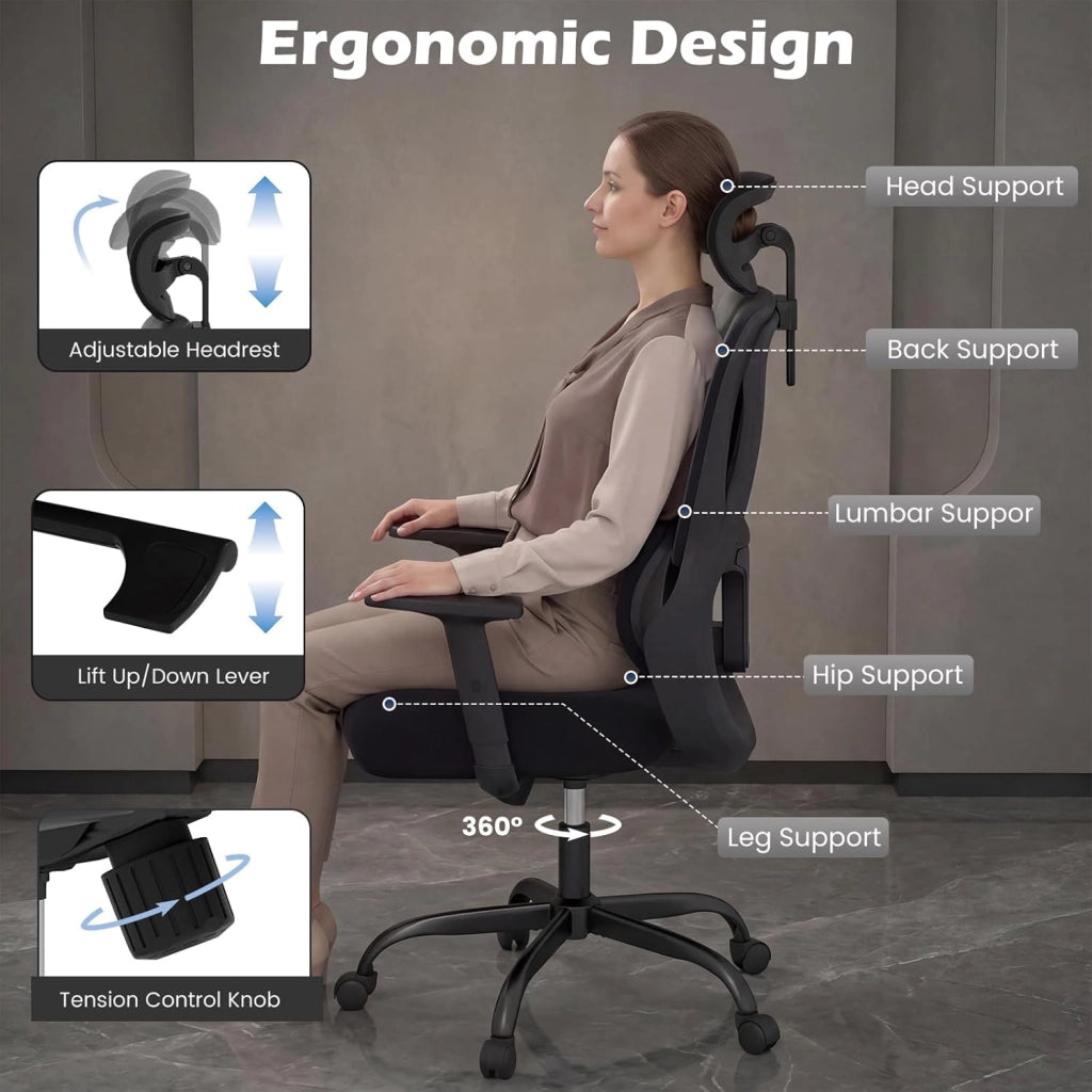Sedia da ufficio ergonomica, sedia da scrivania girevole con altezza regolabile, supporto lombare, braccioli e schienale inclinabile, 5 ruote, carico fino a 136 kg, per camera da letto, studio