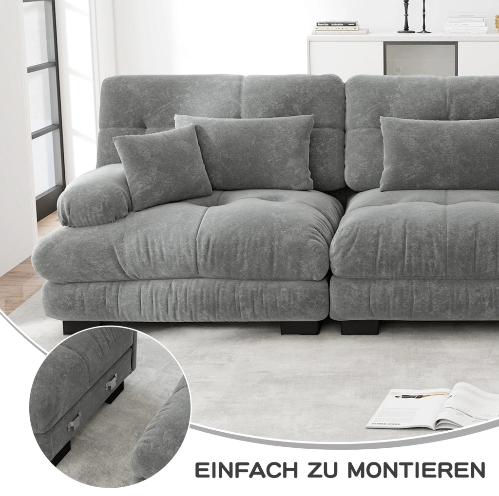 Divano angolare modulare a forma di U 4 posti in chenille grigia con pouf mobile