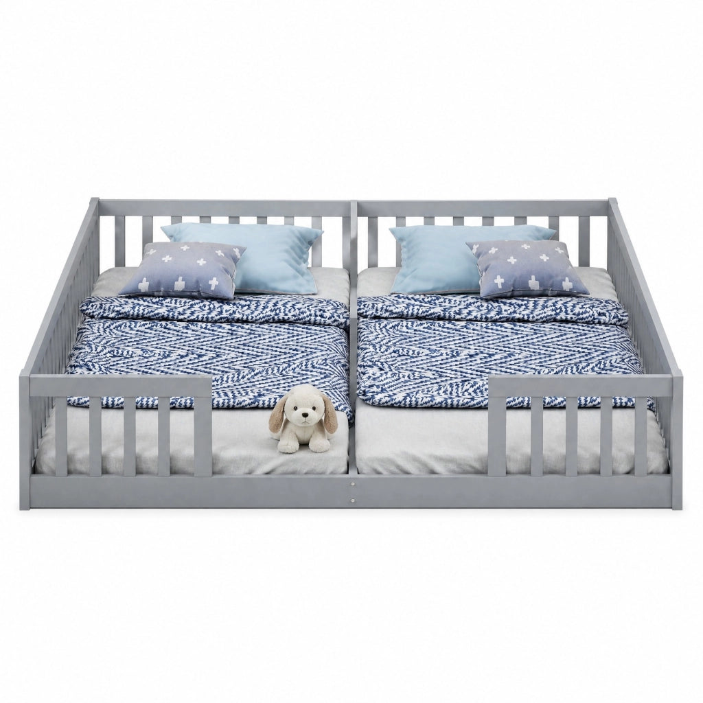 Letto basso per bambini a 2 letti 90x200 cm con sponde; pino e MDF; grigio