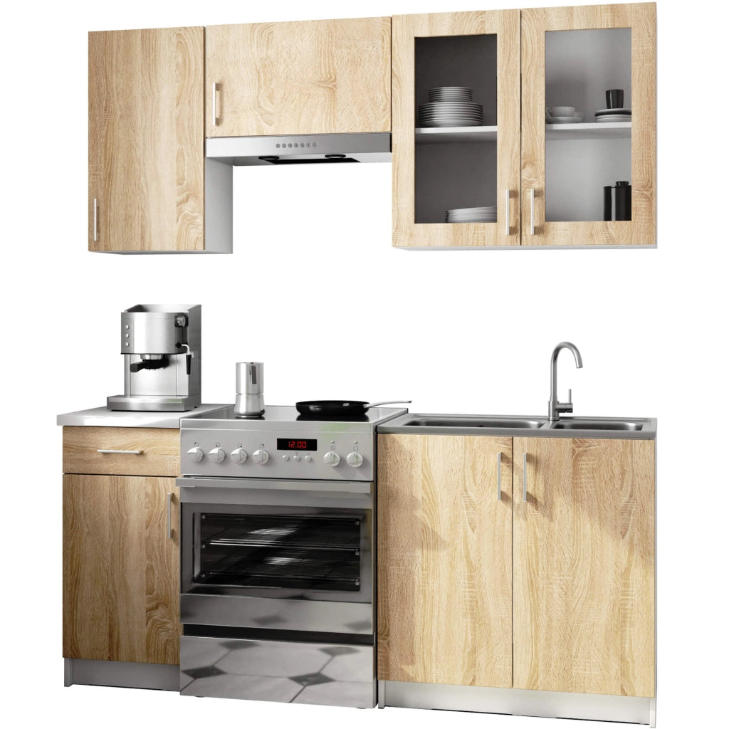 Set da cucina con vetrina AKORD LIMA 1,8 m H720 Bianco 180 cm 7 ante 1 cassetto frontale Rovere Sonoma 8 ripiani 180×44,5×203 cm