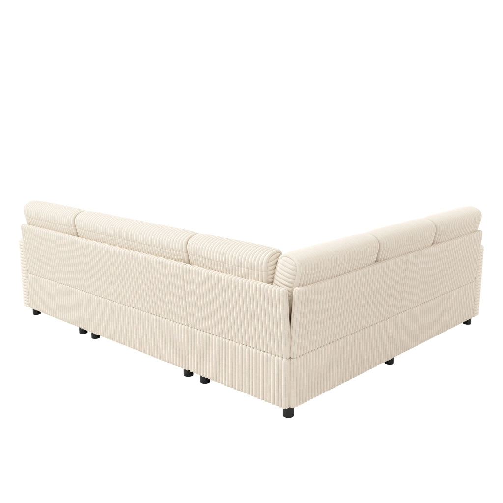 Divano a U con letto estraibile e vano contenitore in tessuto a coste beige 274 × 220 × 85 cm