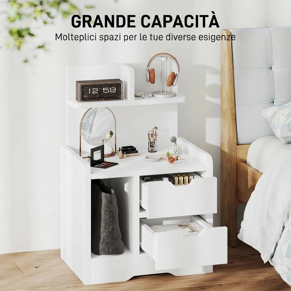 Comodino 40x30x60 cm con 2 Cassetti e Mensole Portaoggetti in Legno Bianco Lucido