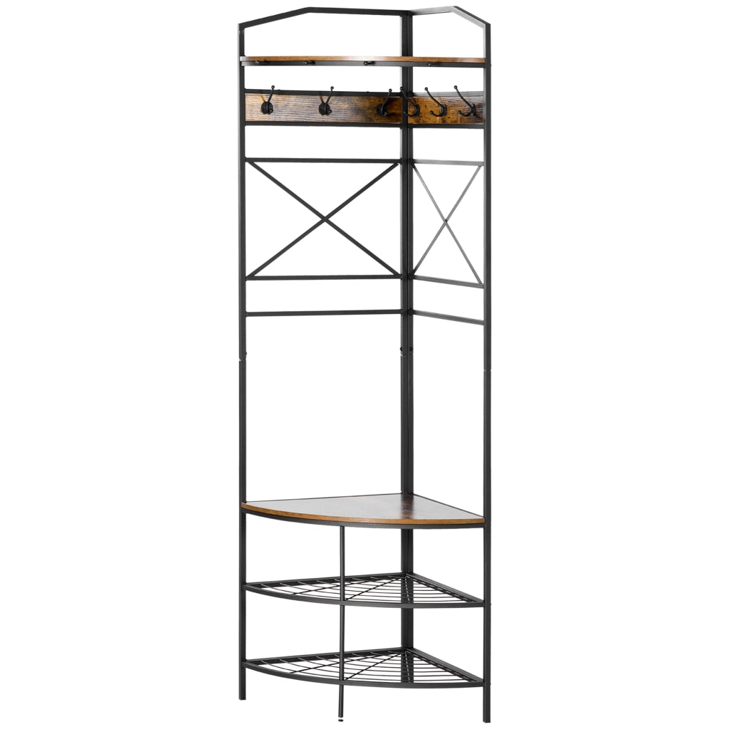 Appendiabiti da Terra Angolare con Panca e Scarpiera in Stile Industriale, 50x50x183cm, Marrone
