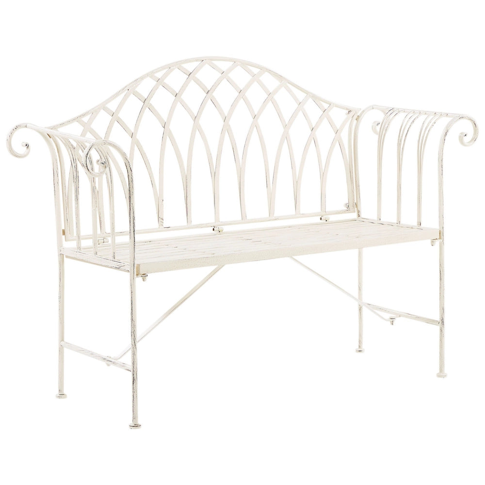 Panca da giardino per esterni in metallo bianco 2 posti 130 cm con braccioli svasati in stile vintage