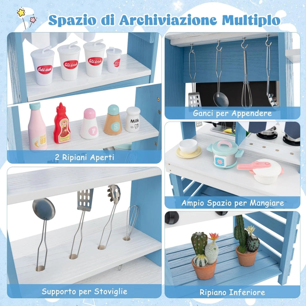 Cucina Giocattolo per Bambini, Cucina per Bambini a Doppia Faccia con Stufa a Gas, Lavello e Rubinetto, Tenda da Sole, Con Suoni, per Bambini 3+ Anni