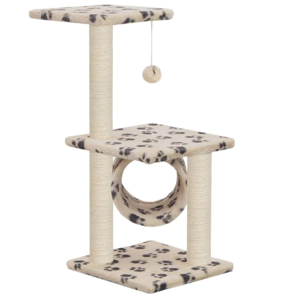 Tiragraffi albero per gatti cuccia per gatti peluche in sisal 65 cm beige motivo a impronta di zampa 3702152