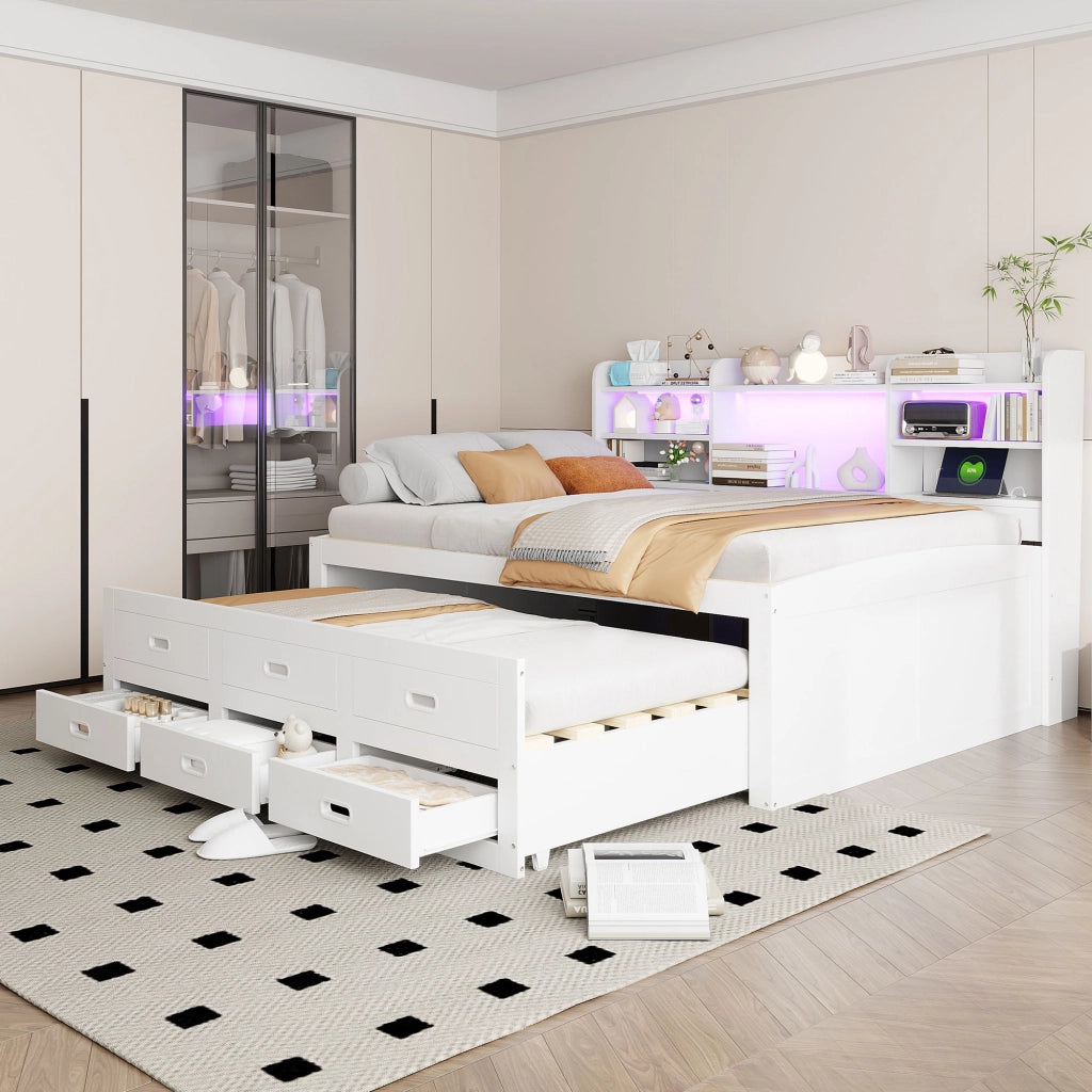 OKWISH Letto a Scomparsa 140×200 cm, Letto Matrimoniale con LED Regolabile, 3 Cassetti, USB, Tipo C e Ripiani, senza Materasso, Bianco
