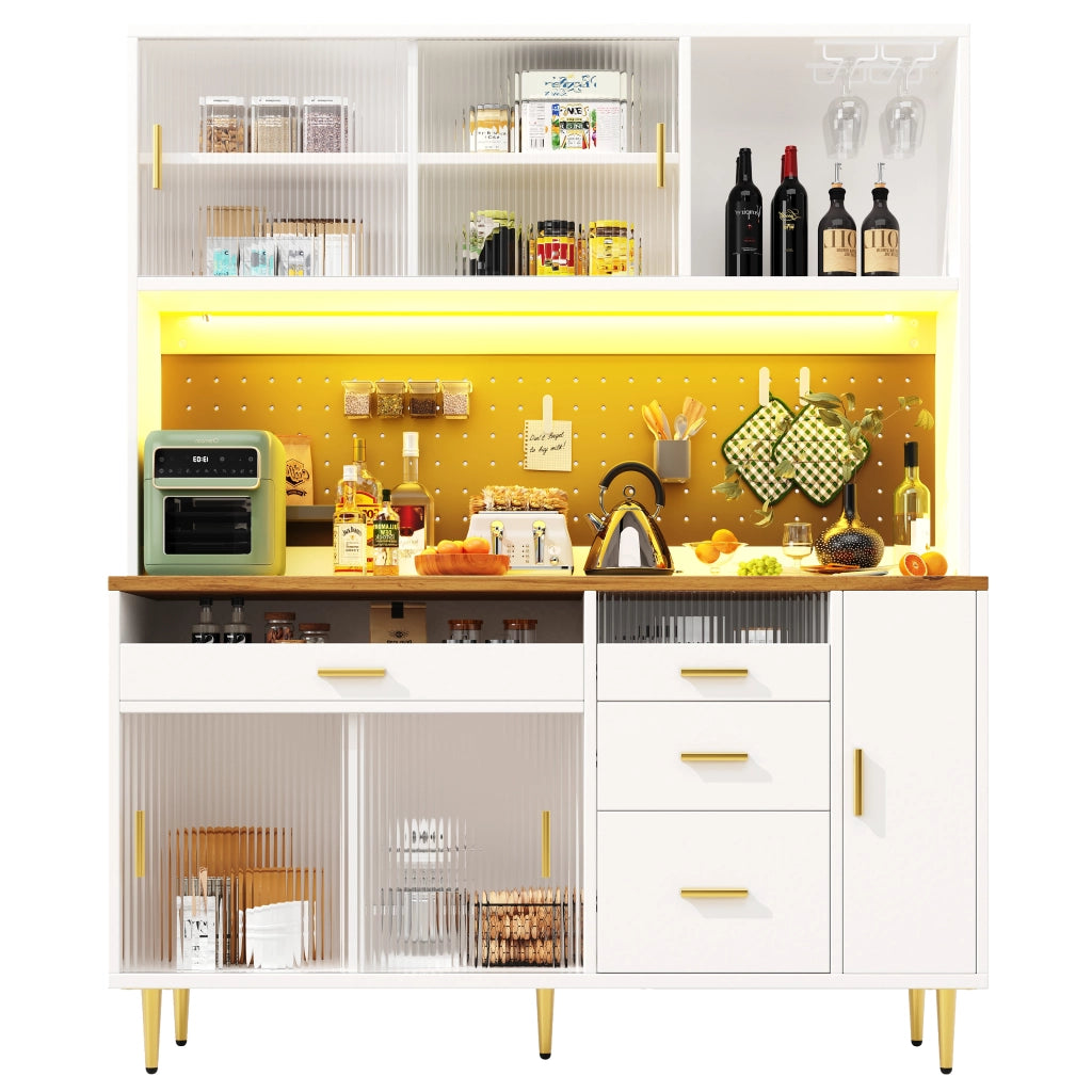 Credenza alta da cucina con 1 porta scorrevole in vetro; ripiani regolabili; pannello forato e LED; in MDF; 145 x 39 x 171 cm; Bianco