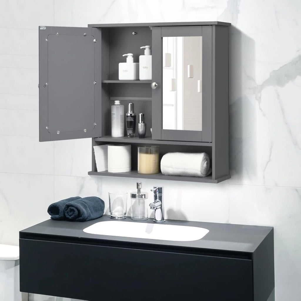Armadietto Bagno a Parete, Mobiletto Pensile in Legno con 2 Ante di Specchio, 3 Ripiani di Stoccaggio, 3 Colori Disponibili, 56x13x58cm