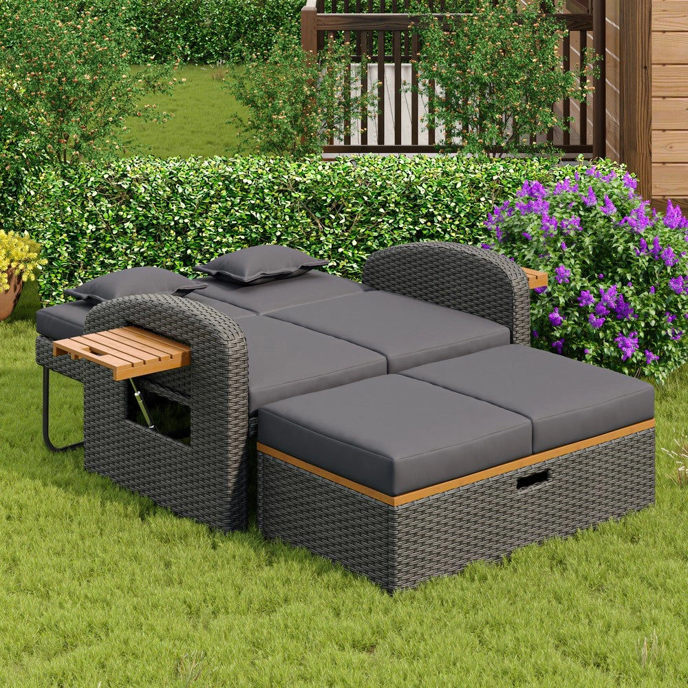 Set da giardino per 2 persone - Zephmum- Rattan grigio, schienale regolabile, con poggiapiedi
